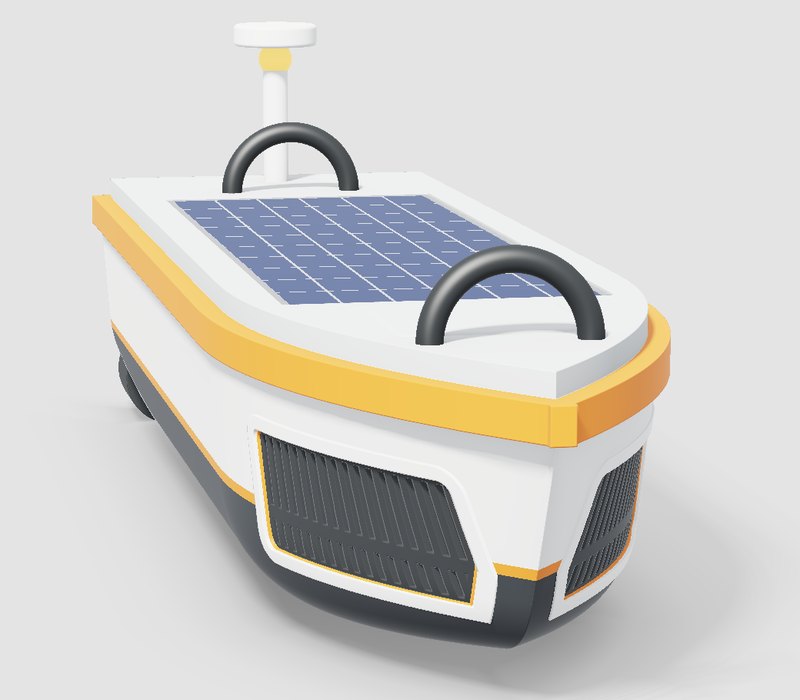 Front view of the refined robot: a sharp curved bow with a slot grille intake on each face of the nose